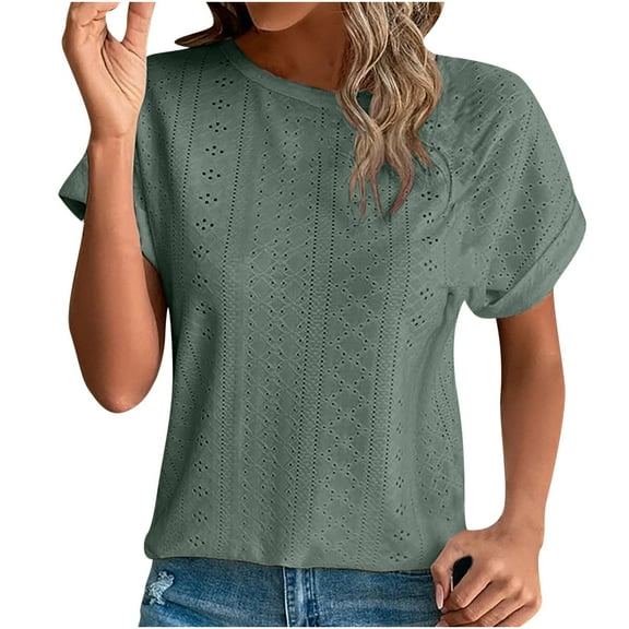 JGGSPWM Women's Summer Trendy Going Out Loose Comfy Dressy Casual Eyelet Short Sleeve Pullover Blouse Tops Army Green 3XL