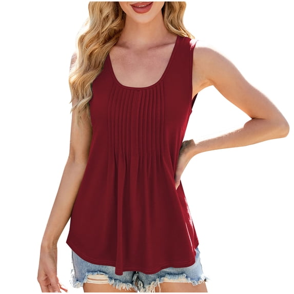 JGGSPWM Women's Summer Trendy Pleated U-Neck Sleeveless Tops Y2K Casual Loose Fit Flowy Basic Crop Camisole Tank Wine XL