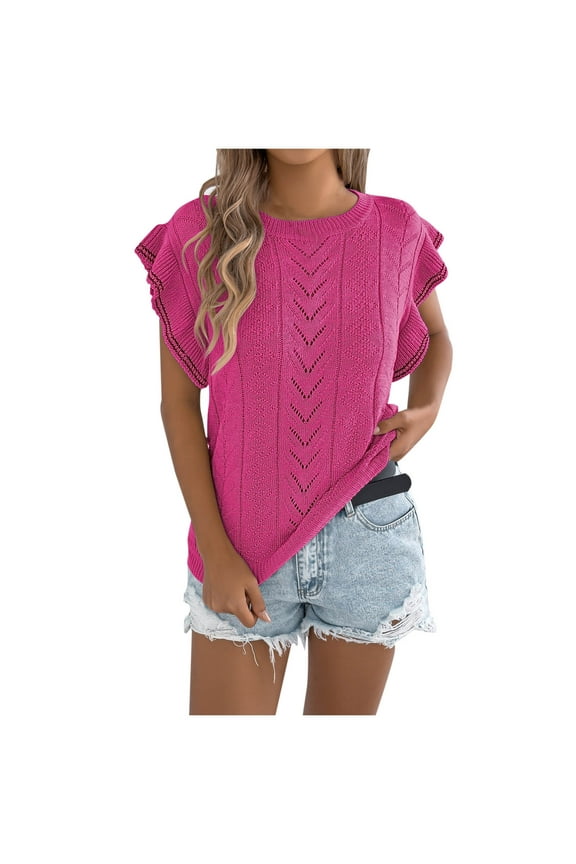 Women's Summer Trendy Ruffle Short Sleeve Knit Pullover Sweater Tops Dressy Casual Blouses Hot Pink S
