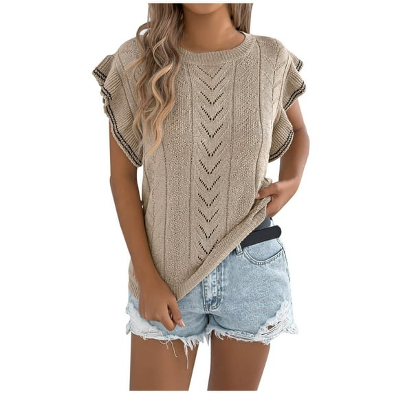 JGGSPWM Women's Summer Trendy Ruffle Short Sleeve Knit Pullover Sweater Tops Dressy Casual Blouses Khaki L