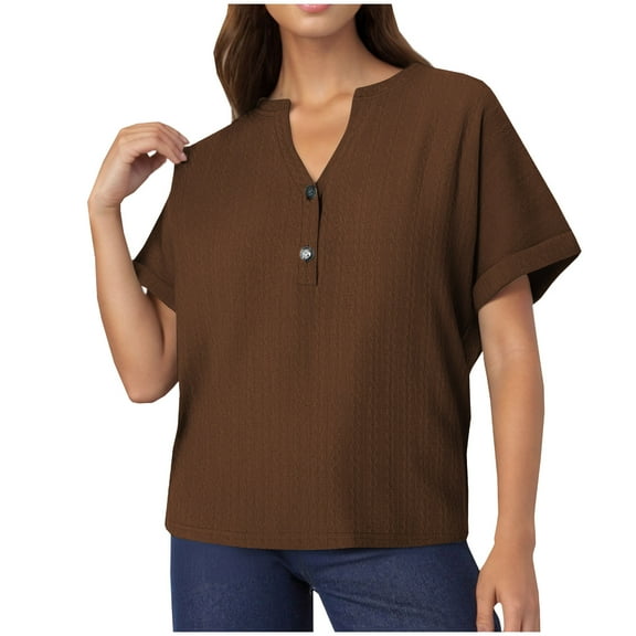 JGGSPWM Women's Summer Trendy Short Sleeve V Neck Button Up Tops Dressy Casual Loose Ladies Blouses Going Out Shirts Brown XL