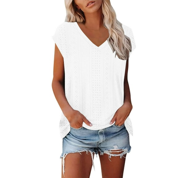 JGGSPWM Women's Summer V-Neck Cap Sleeve Loose Fit Tee Shirts Dressy Casual Plain Blouse Tops White S
