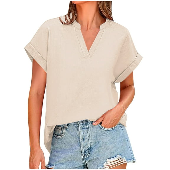 JGGSPWM Women's Summer V-Neck Short Sleeve Loose Flowy Tunic Dressy Casual Blouse Tops Solid Color Shirts Beige M