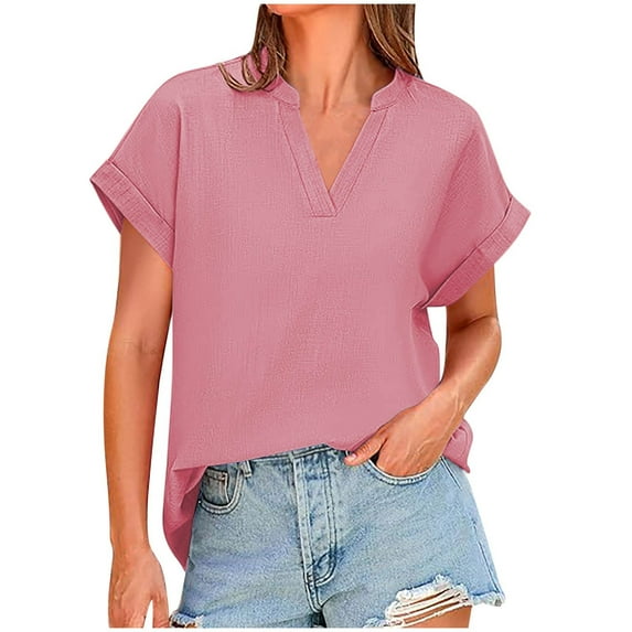 JGGSPWM Women's Summer V-Neck Short Sleeve Loose Flowy Tunic Dressy Casual Blouse Tops Solid Color Shirts Pink 2XL
