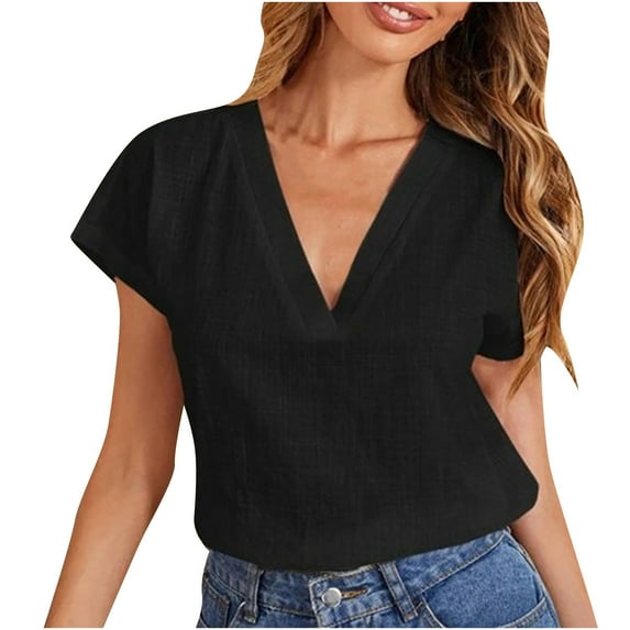JGGSPWM Women's Summer V-Neck Short Sleeve Loose Lightweight Tunics Solid Color Dressy Casual Blouse Tops Black XL