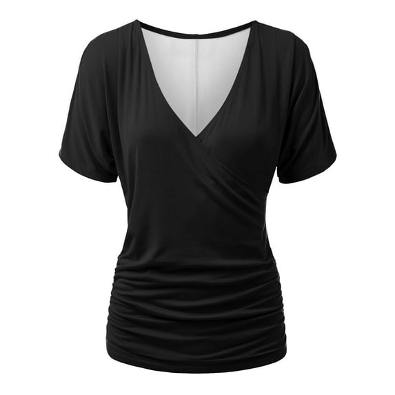 JGGSPWM Women's Summer Wrap V-Neck Short Sleeve Ruched Tunic Blouse Dressy Casual Top Black XL