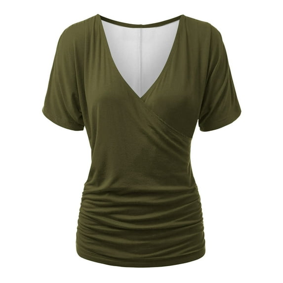 JGGSPWM Women's Summer Wrap V-Neck Short Sleeve Ruched Tunic Blouse Dressy Casual Top Green 2XL