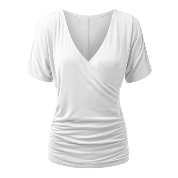 JGGSPWM Women's Summer Wrap V-Neck Short Sleeve Ruched Tunic Blouse Dressy Casual Top White M