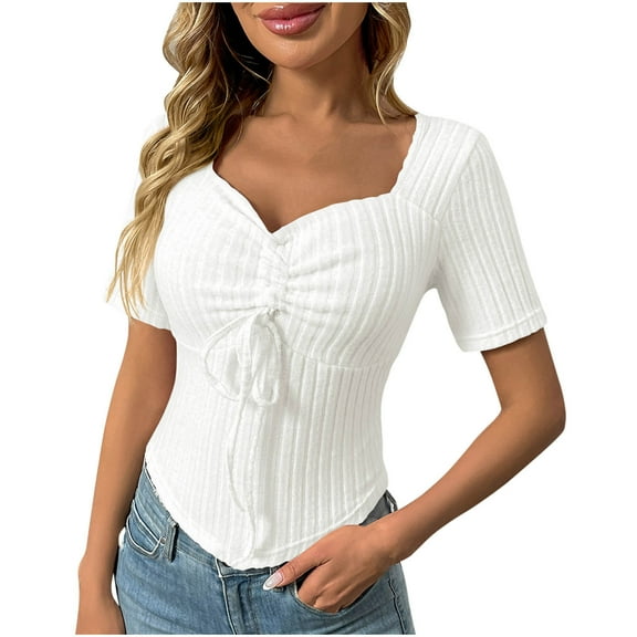JGGSPWM Women's Sweetheart Neck Drawstring Ruched Short Sleeve Asymmetrical Hem Knit Tunic Slim Fit Curve Crop Tops Pullover Shirts White M
