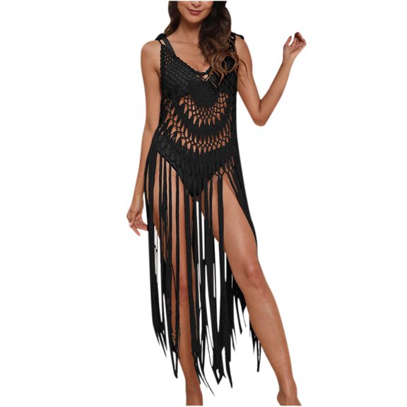 JGGSPWM Women's Swimsuit Cover Up Crochet Bikini Beach Bathing Suit Hollow Out Tassel Coverups Bohemian Style Fringe Cover Up Black Free Size