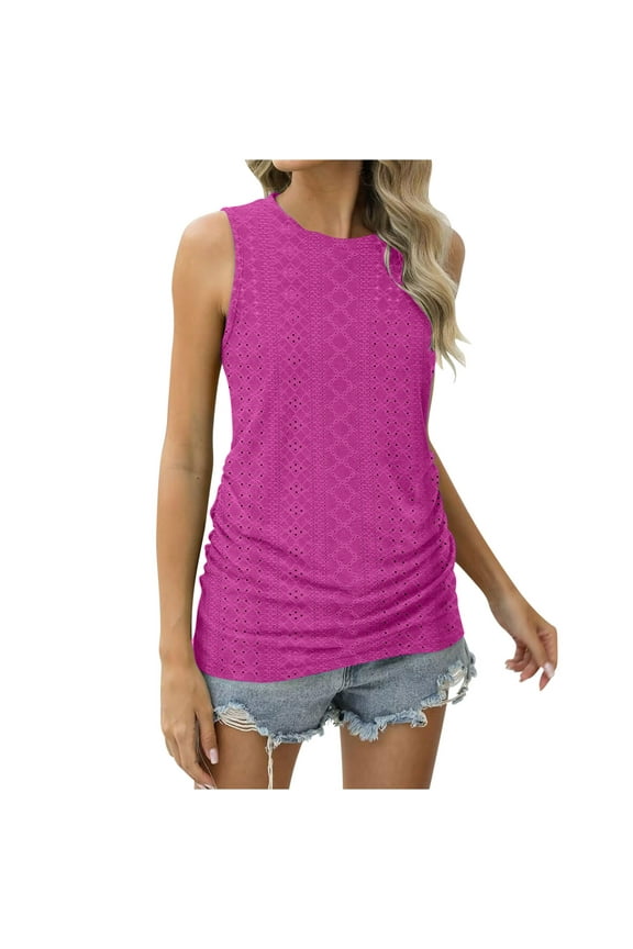 Women's Tank Tops Crewneck Sleeveless Tunic Eyelet Embroidery Blouses Slim Fit Basic Shirt Tees Hot Pink XL
