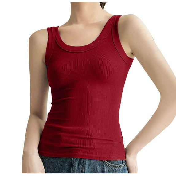 JGGSPWM Women's Tank Tops Ribbed Summer Casual Sleeveless Basic Cami Top Slim Fitted Blouse Tees Red S