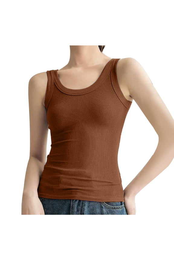 Women's Tank Tops Scoop Neck Ribbed Sleeveless Casual Basic Knit Cami Tee Shirts Coffee S
