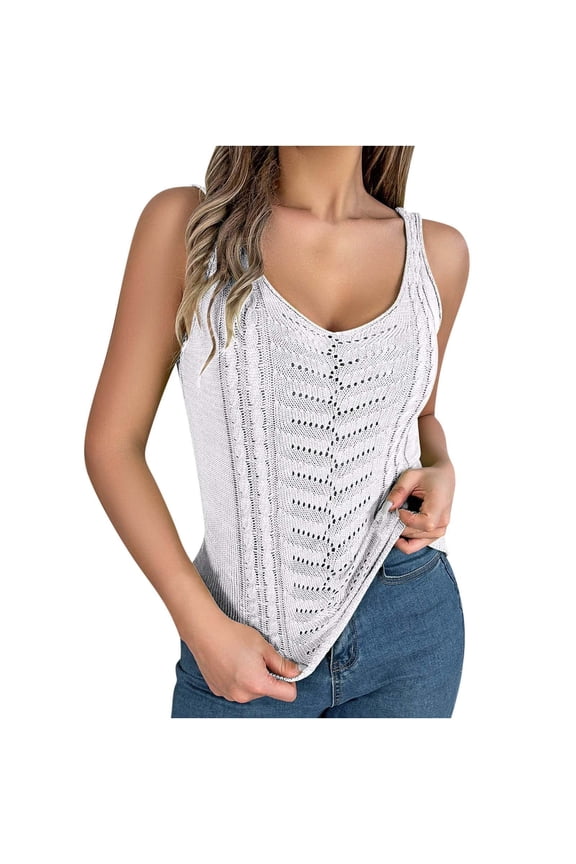 Women's Tank Tops V Neck Spring Summer Camisole Spaghetti Strap Sleeveless Knitted Shirt Casual Solid Crochet Vest White M