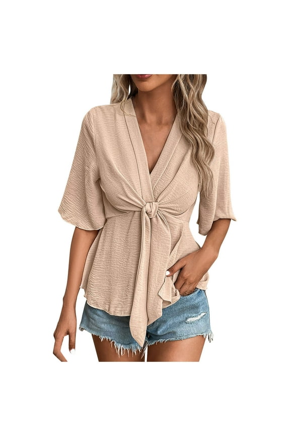 Women's Textured V Neck Ruffle Short Sleeve Ruched Wrap Tie Front Tunic Tops Blouse Khaki L