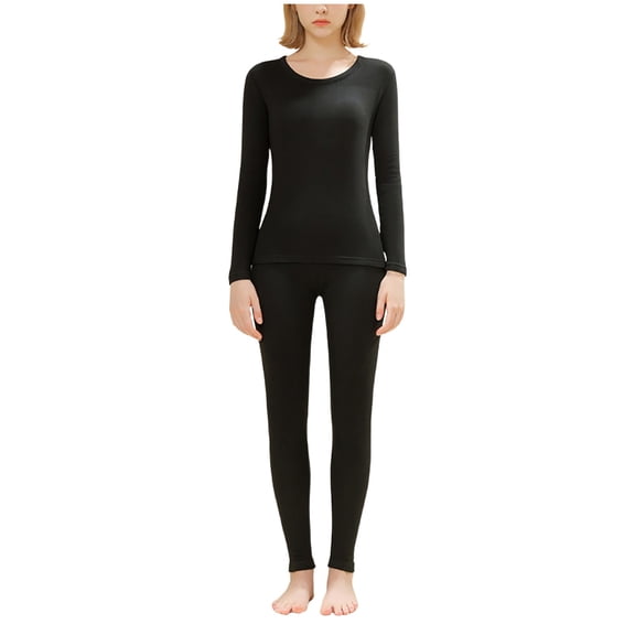 JGGSPWM Women's Thermal Underwear Fleece Lined Thickened High Elastic Base Layer Pajamas Lightweight Soft Warm Comfy Top Bottom Sets Black XL