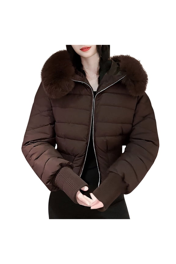 Women's Thickened Fleece Cotton Clothes Padded Warm Padded Thick Coat Long Sleeve Casual Winter Hooded Jacket Brown S