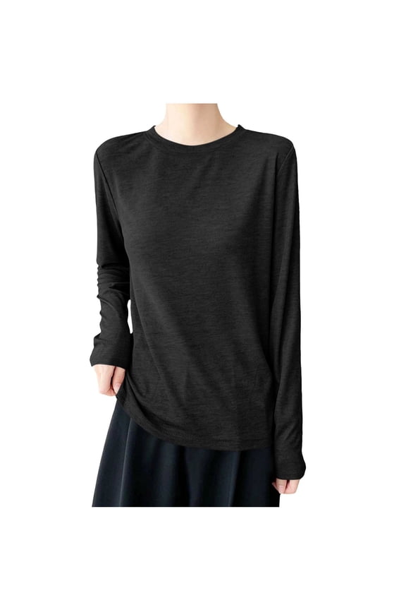 Women's Thin Breathable Base Layer Shirt Solid Color Crewneck Long Sleeve Travel Hiking Tee T Shirt Lightweight Pullover Tops Black L