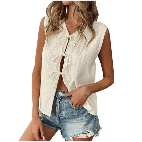 JGGSPWM Women's Tie Front Sweater Vest Summer Sleeveless Crochet Knit Tops Lightweight Cardigan Eyelet Tank Tops Beige L