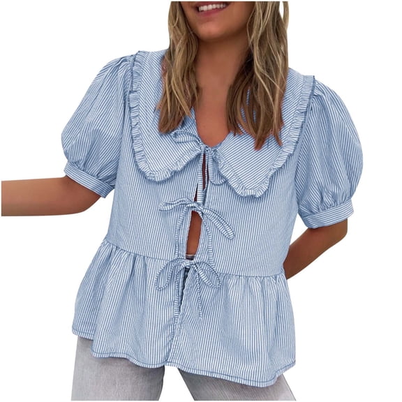 JGGSPWM Women's Tie Front Top Short Puff Sleeve Peplum Shirt Y2K Cute Ruffle Hem Babydoll Blouse Lapel Doll Collar Stripe Summer Shirt Blue S