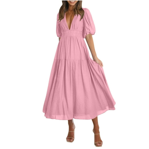 JGGSPWM Women's Trendy Casual Fashion Puff Sleeve V-Neck Long Dress Solid Color Cute Flowy Pleated Hem Dresses Pink XL