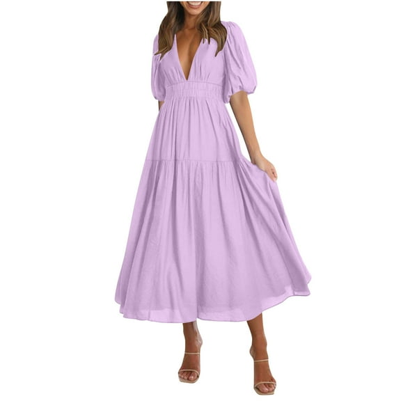 JGGSPWM Women's Trendy Casual Fashion Puff Sleeve V-Neck Long Dress Solid Color Cute Flowy Pleated Hem Dresses Purple M