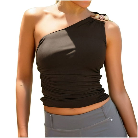 JGGSPWM Women's Trendy Fashion Solid Color One Shoulder Tank Top Ruched Sleeveless Fitted Y2k Shirt Brown L