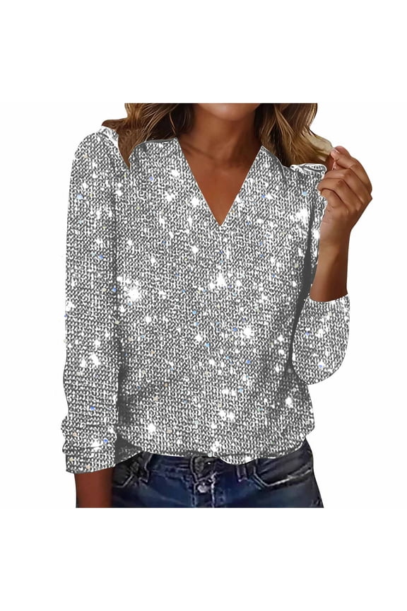 Women's Trendy Sequin Top Long Sleeve Sparkly Glitter Shiny V-Neck T-Shirt for Party, Wedding, Club, Night Out Gray XXL