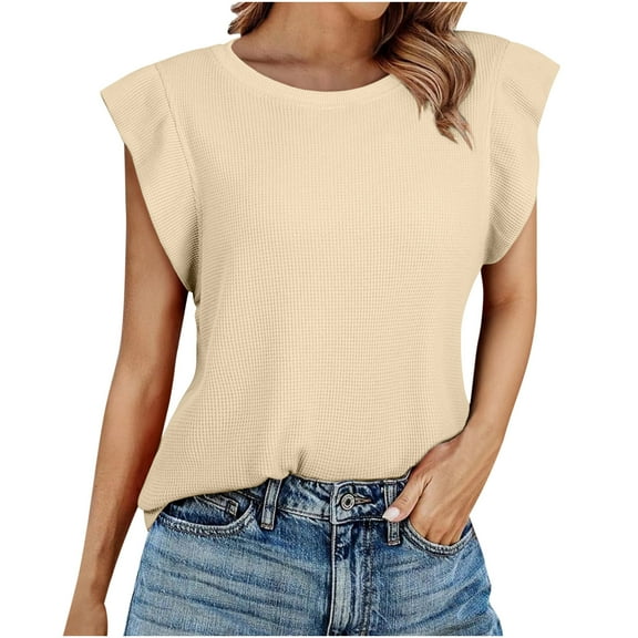 JGGSPWM Women's Trendy Sleeveless Loose Ruffle Sleeve Casual Waffle Basic Summer Spring Tops Khaki M