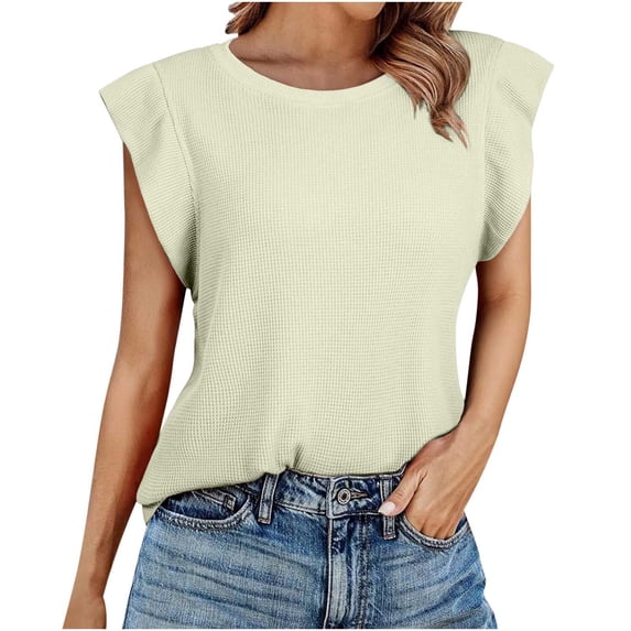 JGGSPWM Women's Trendy Sleeveless Loose Ruffle Sleeve Casual Waffle Basic Summer Spring Tops Yellow L