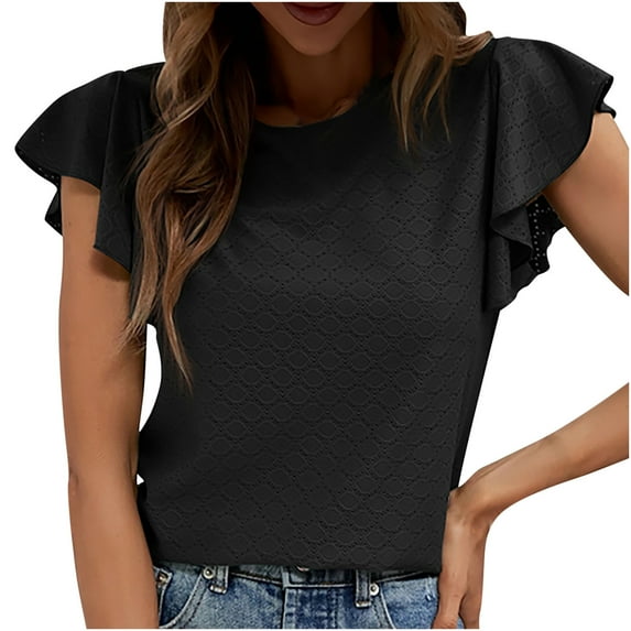 JGGSPWM Women's Trendy Summer Eyelet Ruffle Short Sleeve Dressy Casual Crew Neck Solid Cute Tees Blouses Tops Black XL
