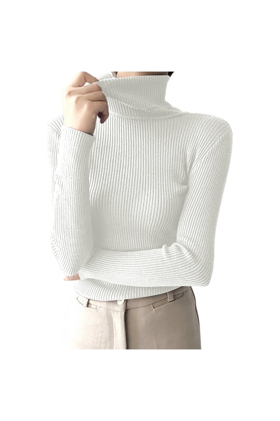 Women's Turtleneck Long Sleeve Ribbed Knit Pullover Sweater with Slim Fit for Fall White Free Size