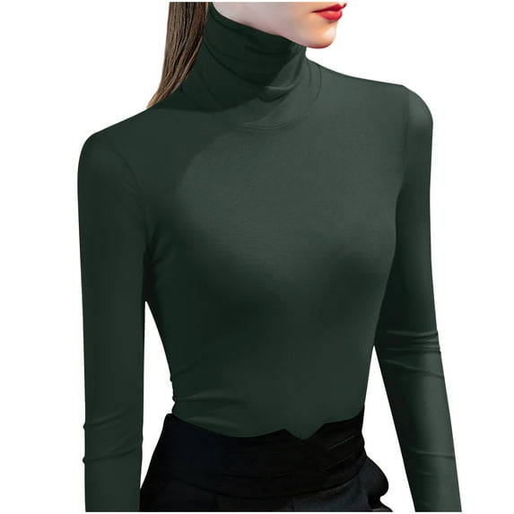 JGGSPWM Women's Turtleneck Long Sleeve Shirts Lightweight Basic Layering Tops Solid Slim Fit Army Green M