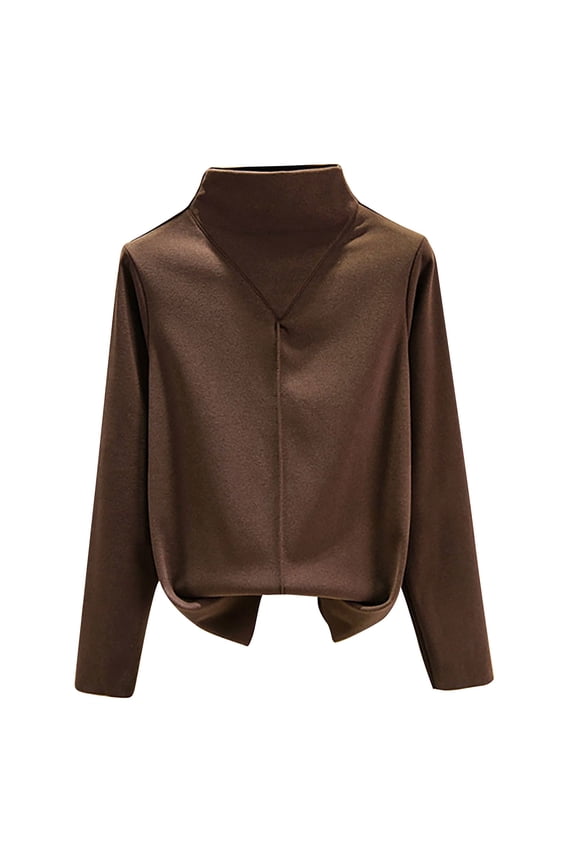 Women's Turtleneck Tshirt Cotton Long Sleeve Shirt Solid Color Warm Tee Top German Velvet Double-sided Sweater Self Heating Half High Collar Thickened Winter Wear Coffee 3XL