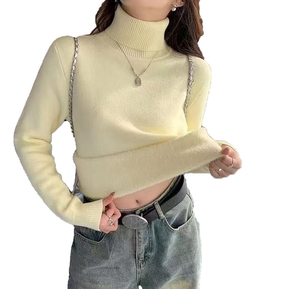JGGSPWM Women's Turtleneck Velvet Versatile Sweater Long Sleeve Casual Fall Winter Knit Pullover Sweaters Bottom Top Yellow S