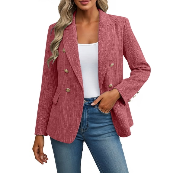 JGGSPWM Women's Tweed Blazers Business Casual Long Sleeve Double Breasted Jackets Open Front Work Suits Red S