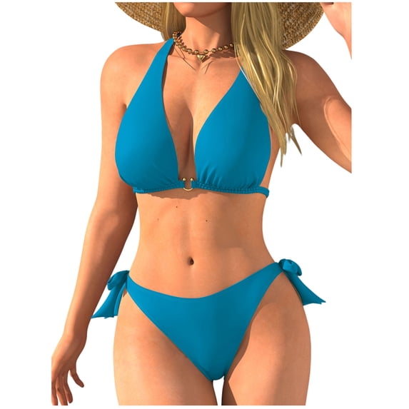 JGGSPWM Women's Two Piece Bikini Swimsuit Solid Color Triangle Top Bathing Suits String Cheeky Bikini Sets Blue XXL