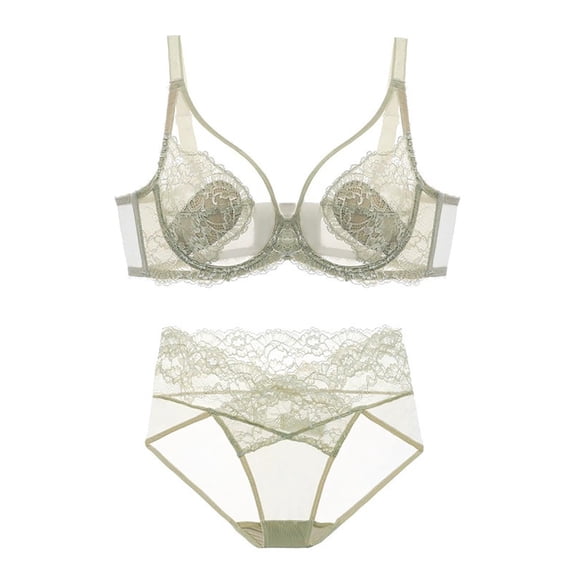 JGGSPWM Women's Ultra Thin Bras Underwear Set Push Up Slim Bra Underwear with a Large Bust Show Small Full Cup Bras Green L