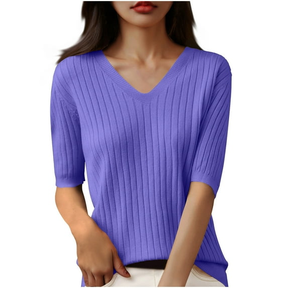 JGGSPWM Women's V Neck 3/4 Sleeve Ribbed Knit Top Solid Color Five Point Casual Shirt Purple XL