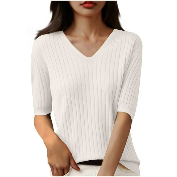 JGGSPWM Women's V Neck 3/4 Sleeve Ribbed Knit Top Solid Color Five Point Casual Shirt White XL
