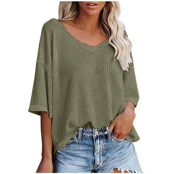 JGGSPWM Women's V-Neck Batwing Half Sleeve Waffle Knit Loose Solid Color Blouse Tops Army Green 2XL