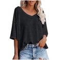 thumbnail image 1 of JGGSPWM Women's V-Neck Batwing Half Sleeve Waffle Knit Loose Solid Color Blouse Tops Black M, 1 of 7