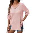 thumbnail image 1 of JGGSPWM Women's V Neck Half Sleeve Waffle Knit Split Hem Splicing Loose Solid Color Blouse Tops Pink S, 1 of 8