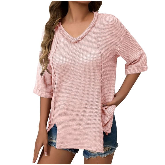JGGSPWM Women's V Neck Half Sleeve Waffle Knit Split Hem Splicing Loose Solid Color Blouse Tops Pink S