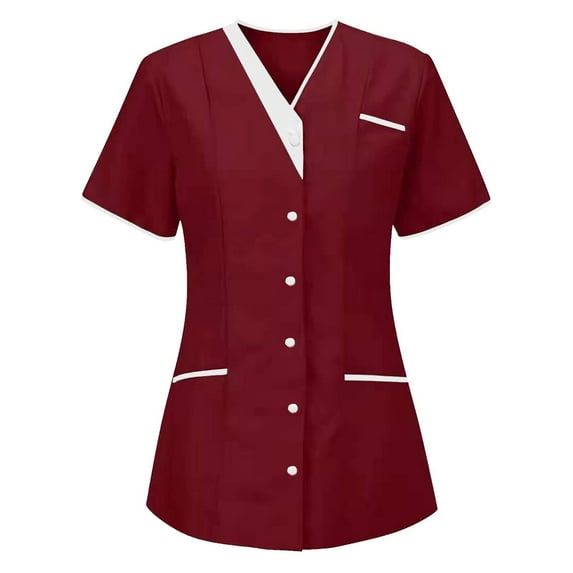 JGGSPWM Women's V-Neck Nurse Uniform Nurse Protective Clothing Button Cardigan Top Short Sleeve V-Neck Blouse Shirt Pink XL