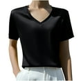 thumbnail image 1 of JGGSPWM Women's V Neck Short Sleeve Silk Blouse Solid Color Casual Shirt Top Black M, 1 of 3