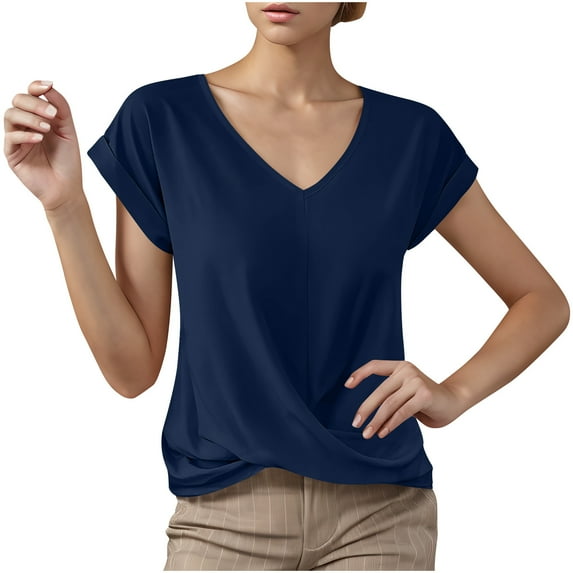JGGSPWM Women's V Neck Short Sleeve Top Front Twist Solid Color Five Point Casual Shirt Dark Blue S