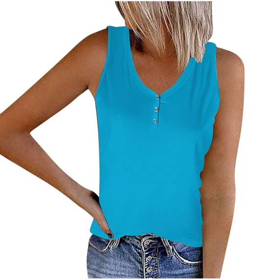 JGGSPWM Women's V Neck Summer Tank Tops Sleeveless Ribbed Button Casual Henley Shirts Light Blue L