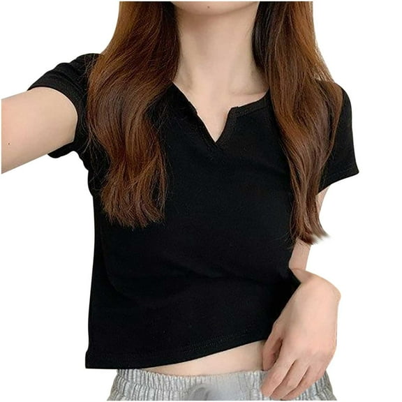 JGGSPWM Women's V Neck Summer Tops Casual Short Sleeve T Shirts Plain Basic Loose Fit Dressy Tees Black M