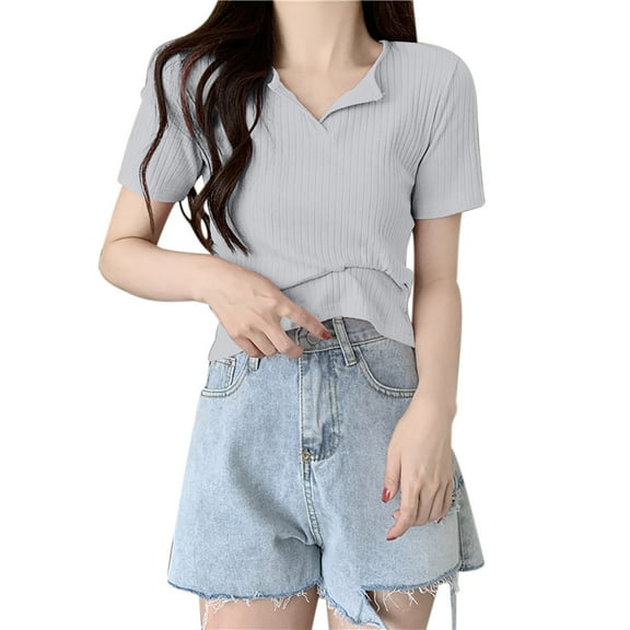 JGGSPWM Women's V-Neck T-Shirt Loose Joker Shirt Solid Color Slim Fit Short Sleeve Shirt Gray XXL